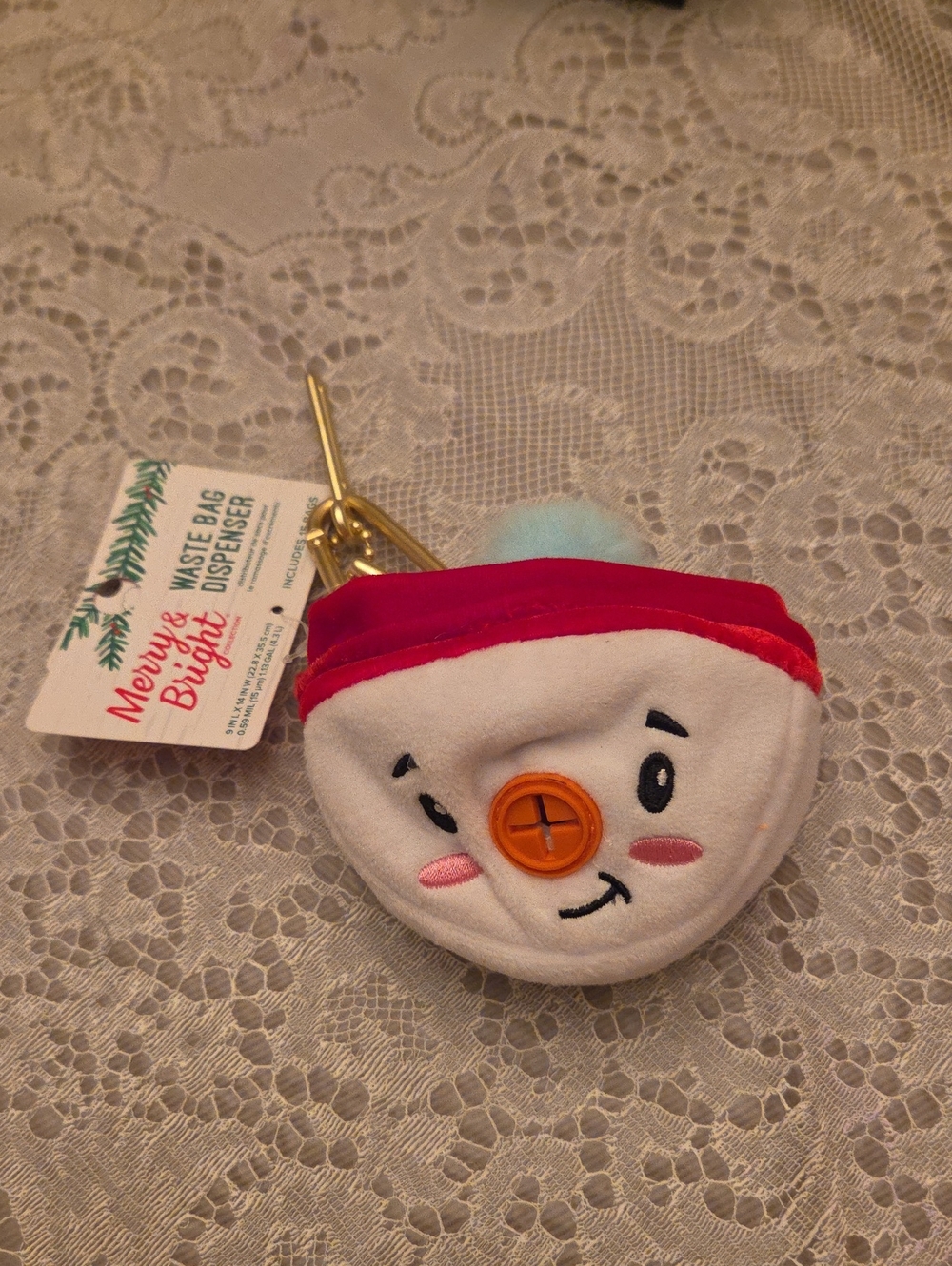 Plush Snowman Keychain Waste Bag Dispenser - White & Red